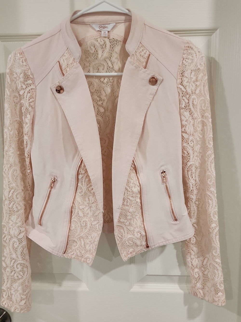Candies Lace Moto Blazer Jacket Blush Pink Knit Sleeve XS NWOT Shrug Crop Y2K